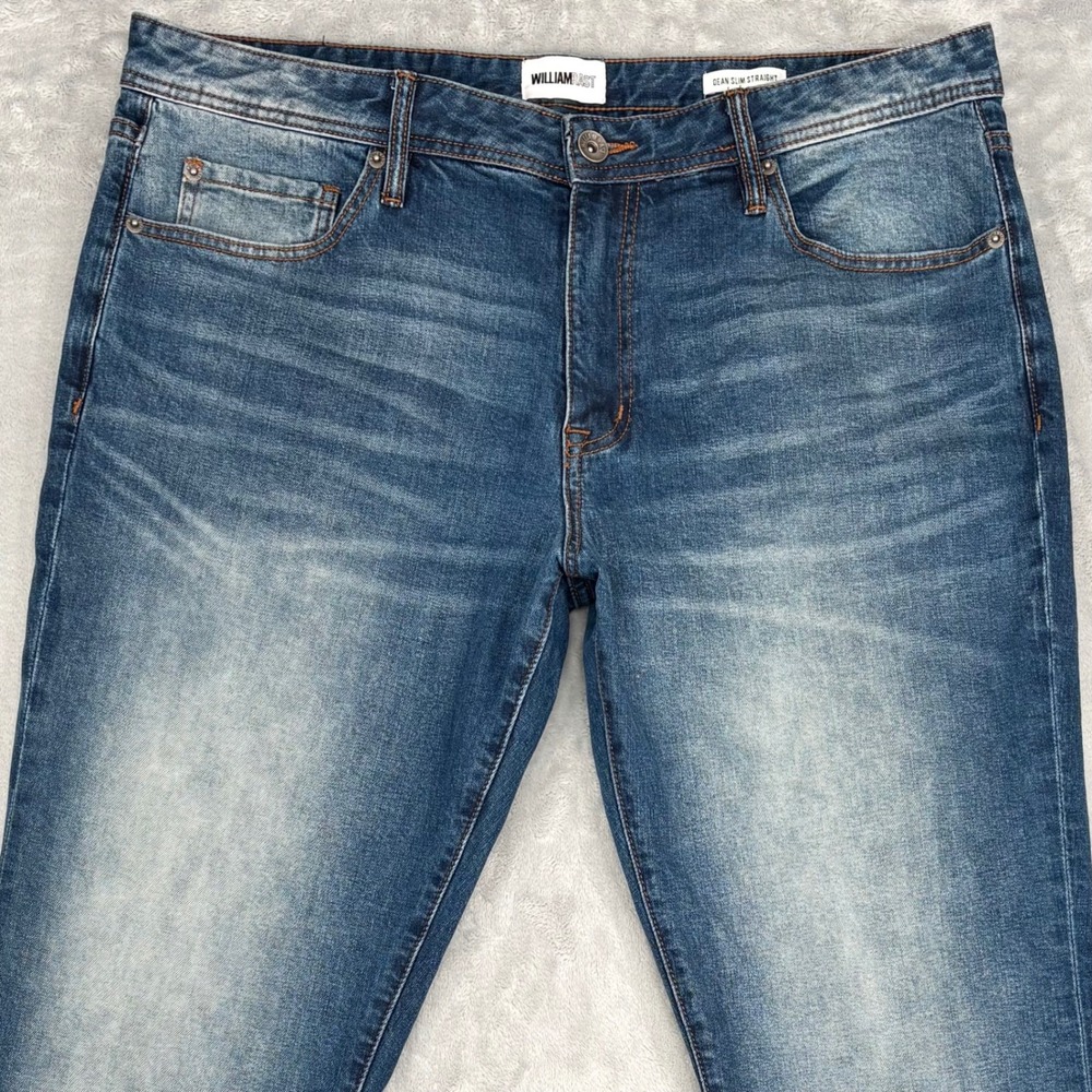 William Rast Jeans Mens 38x32 Blue Dean Slim Straight Medium Wash Whiskering
